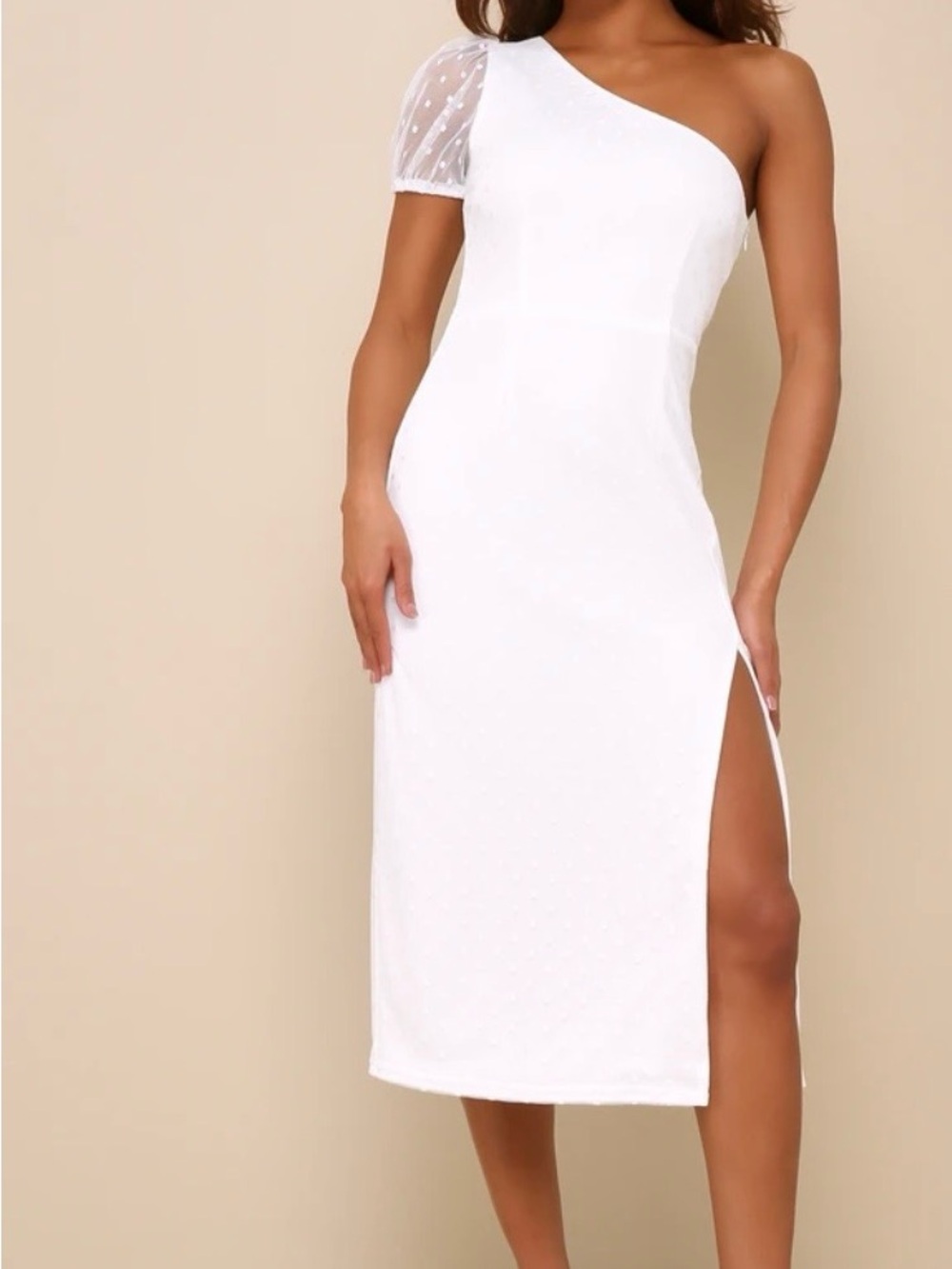 Lulu's White One-Shoulder Midi Dress with Front Slit XS new with tag